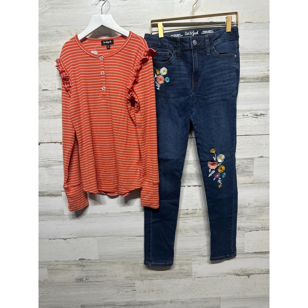 Kidpik Cat & Jack Outfit Set Girls 12 Large Orange Striped Ruffle Floral Jeans